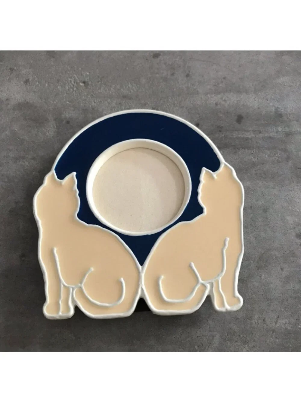 Kitty Cat Mini Frame Enamel Metal Round Photo Blue Cream Minimalist Kitsch Decor